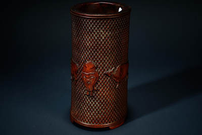 上海都达杂项专场103【全场包邮】  清代老黄杨木精雕《五牛图》笔筒95-4