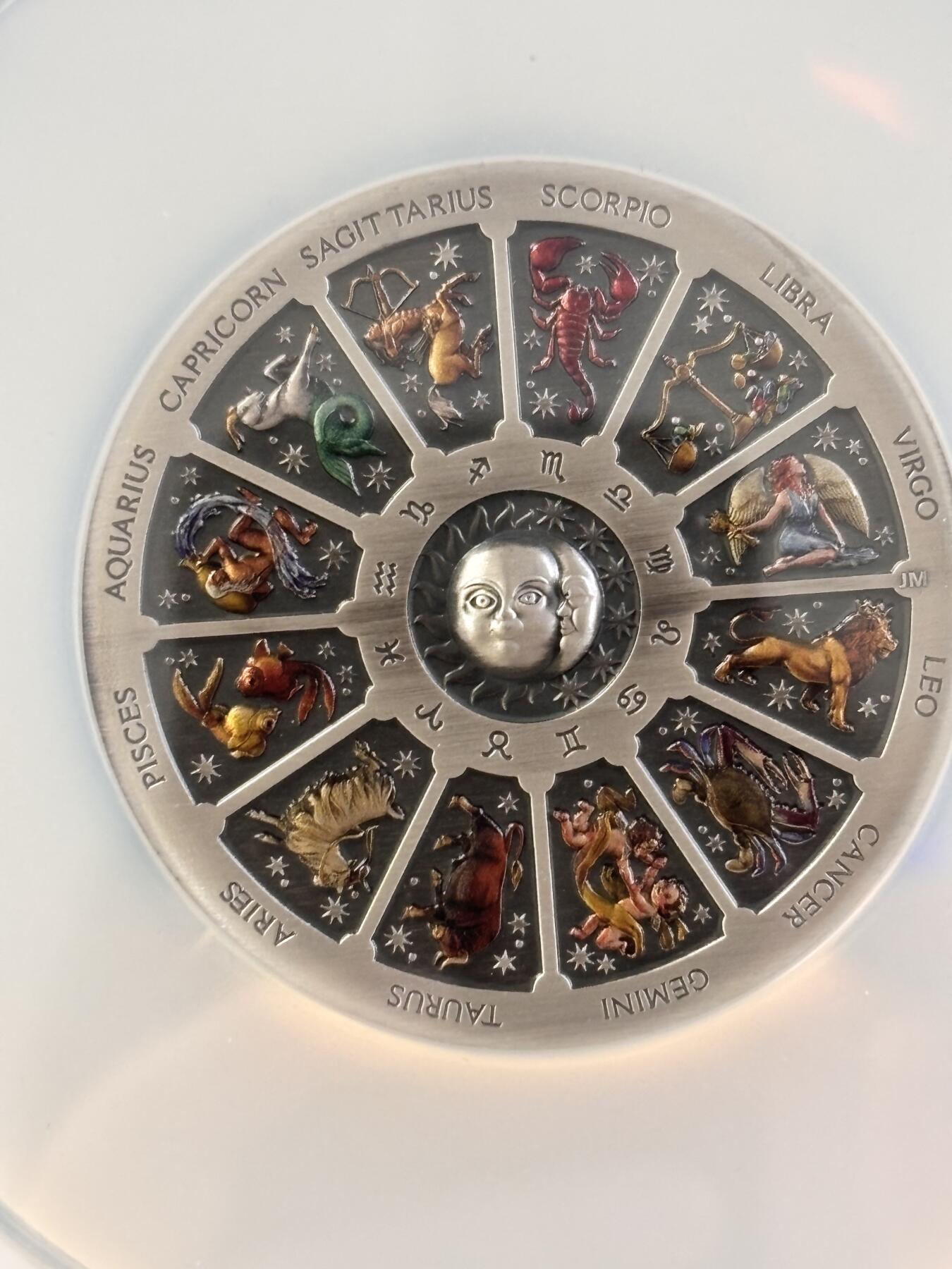 第196期拍卖 图瓦卢2021年十二星座5盎司仿古彩银币NGC-MS70首，9999银，发行488枚