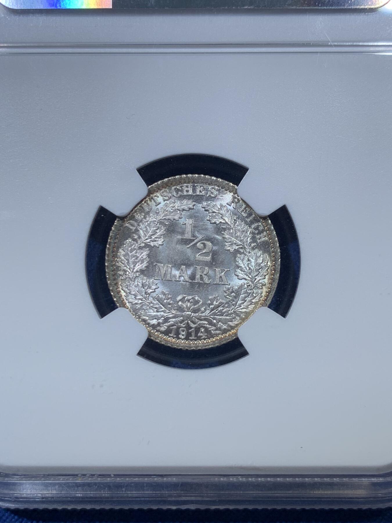 《竞宝斋》第476场 周日，周一 2场连拍 （全场包邮）欢迎送拍 NGC MS67 德国1914年1/2马克银币 A厂铭