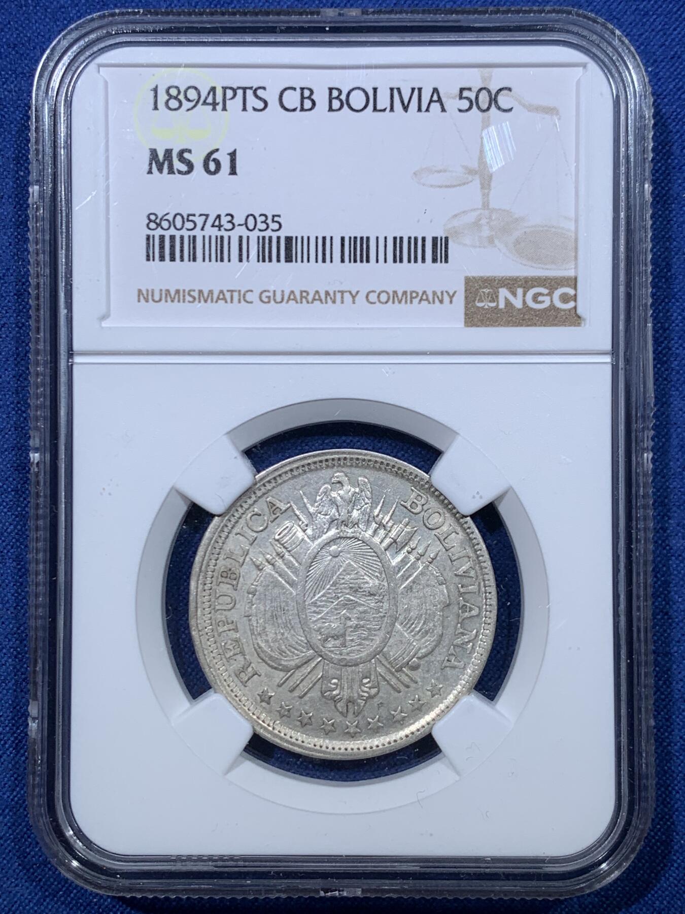 《竞宝斋》第476场 周日，周一 2场连拍 （全场包邮）欢迎送拍 NGC MS61 玻利维亚1894年PTS.CB 50分银币