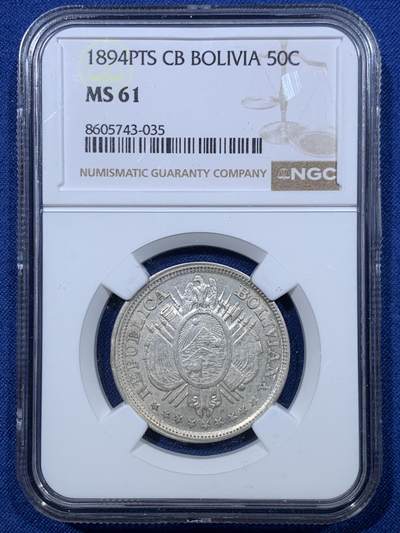 《竞宝斋》第476场 周日，周一 2场连拍 （全场包邮）欢迎送拍 - NGC MS61 玻利维亚1894年PTS.CB 50分银币