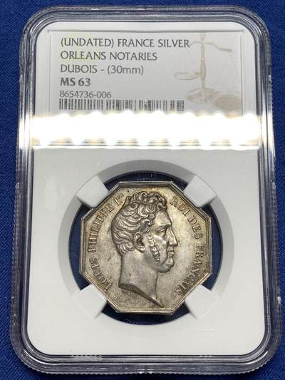 《竞宝斋》第476场 周日，周一 2场连拍 （全场包邮）欢迎送拍 - NGC MS63 法国七月王朝时期路易·菲利普一世发行的公证人八角银质代币，极少见款，官方巴黎造币厂出品，著名雕刻家BARRE雕刻设计。背面铭文译“有公证人之处，即有法律”，图案：象征法律的忒弥斯（正义之神）站立依靠在刻有公证人标识的石柱上，体现公证行业的法律属性。