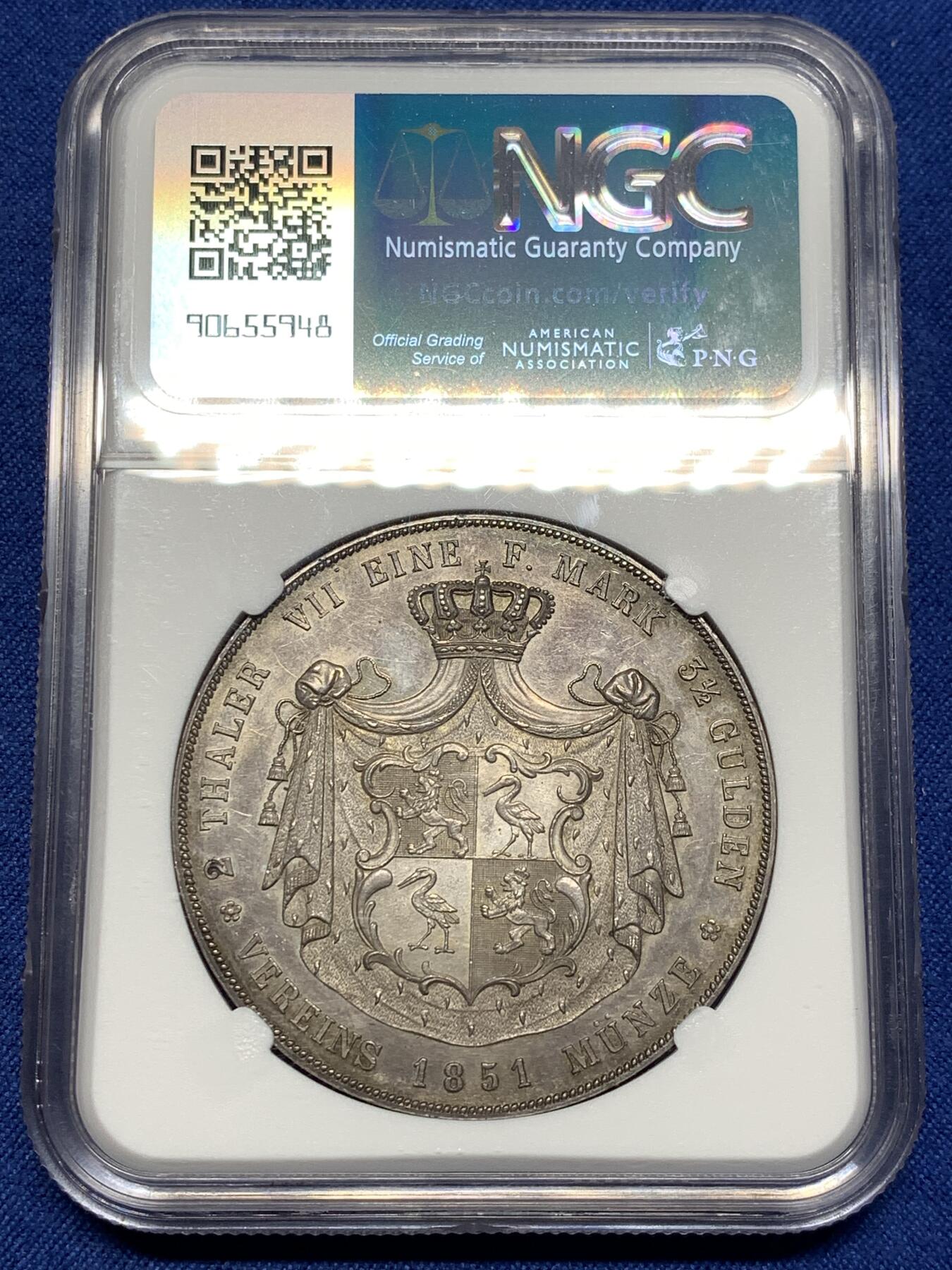 《竞宝斋》第476场 周日，周一 2场连拍 （全场包邮）欢迎送拍 冠军分 NGC MS63 德国 罗伊斯-格赖茨公国1851年亨利二十世2泰勒大银币 发行量仅2400枚的小邦品种 其领地仅316平方公里 可以说是小邦中的小邦 可与不求的藏品