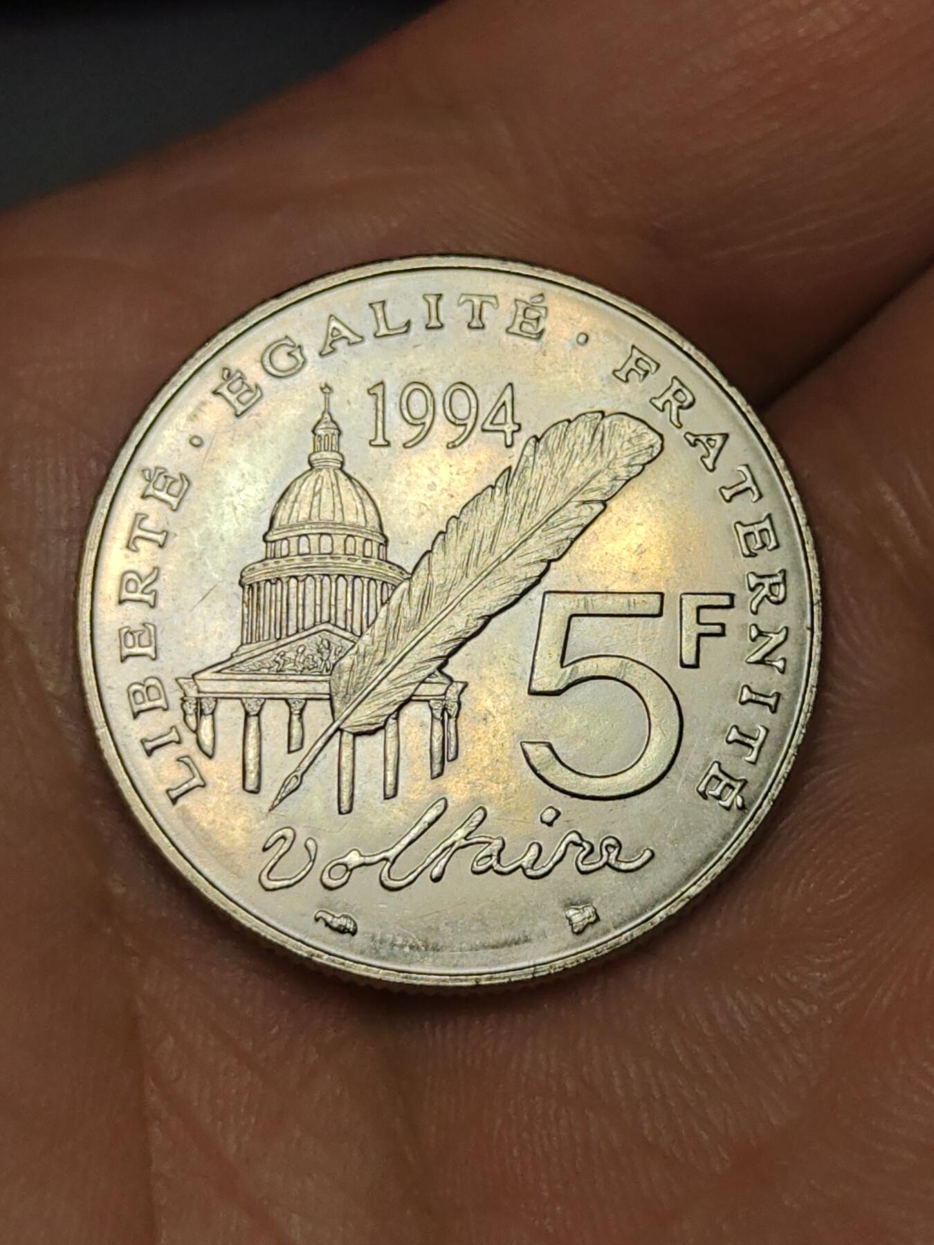 2026年第三十九场(总第二百零八场）外国好品散币场(免佣金) 法国🇫🇷1994单年份5法郎(启蒙运动领袖伏尔泰逝世200周年纪念币)