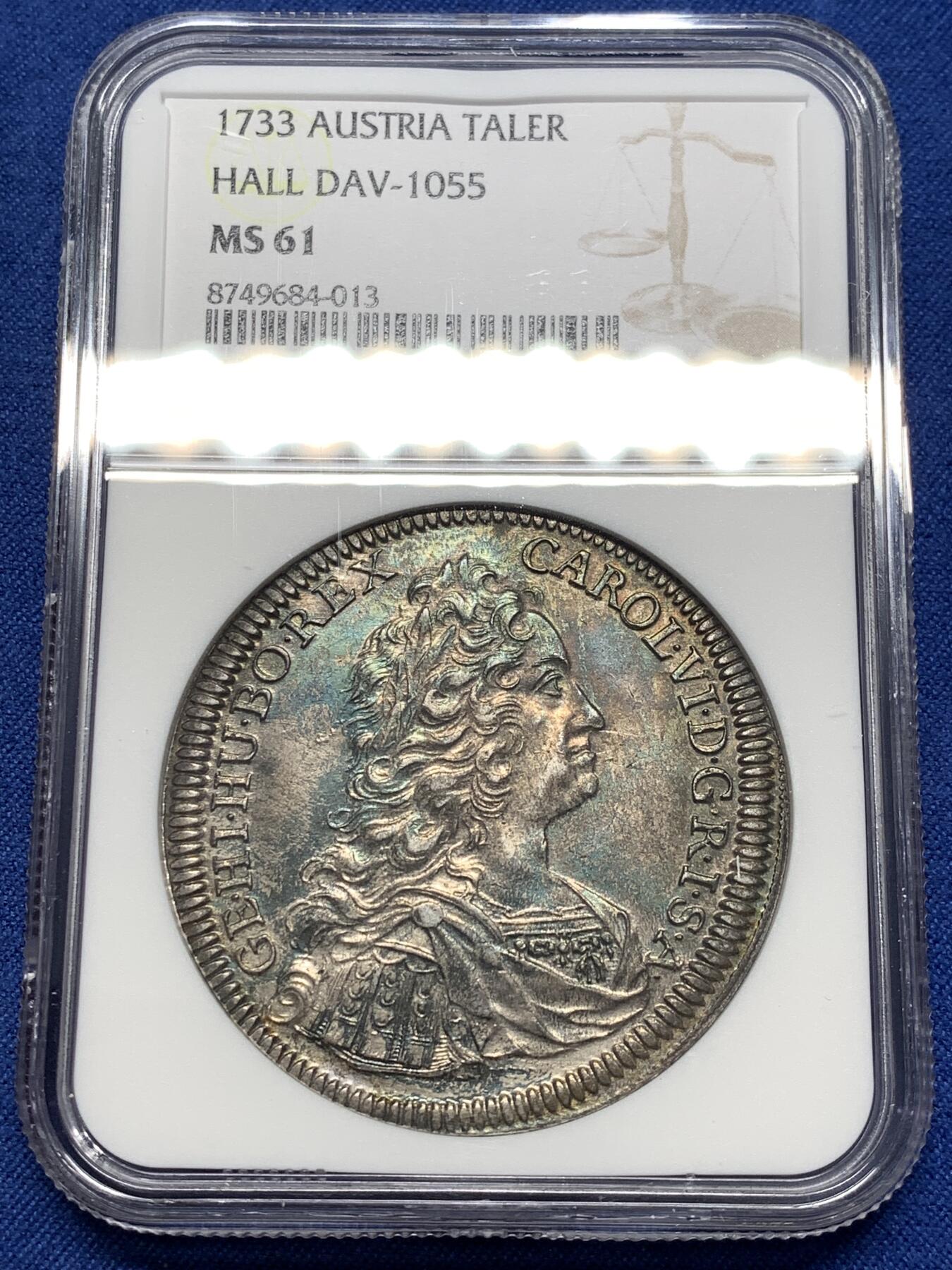 《竞宝斋》第476场 周日，周一 2场连拍 （全场包邮）欢迎送拍 NGC MS61 奥地利 1733年 查理六世 1泰勒银币 欧洲老五彩