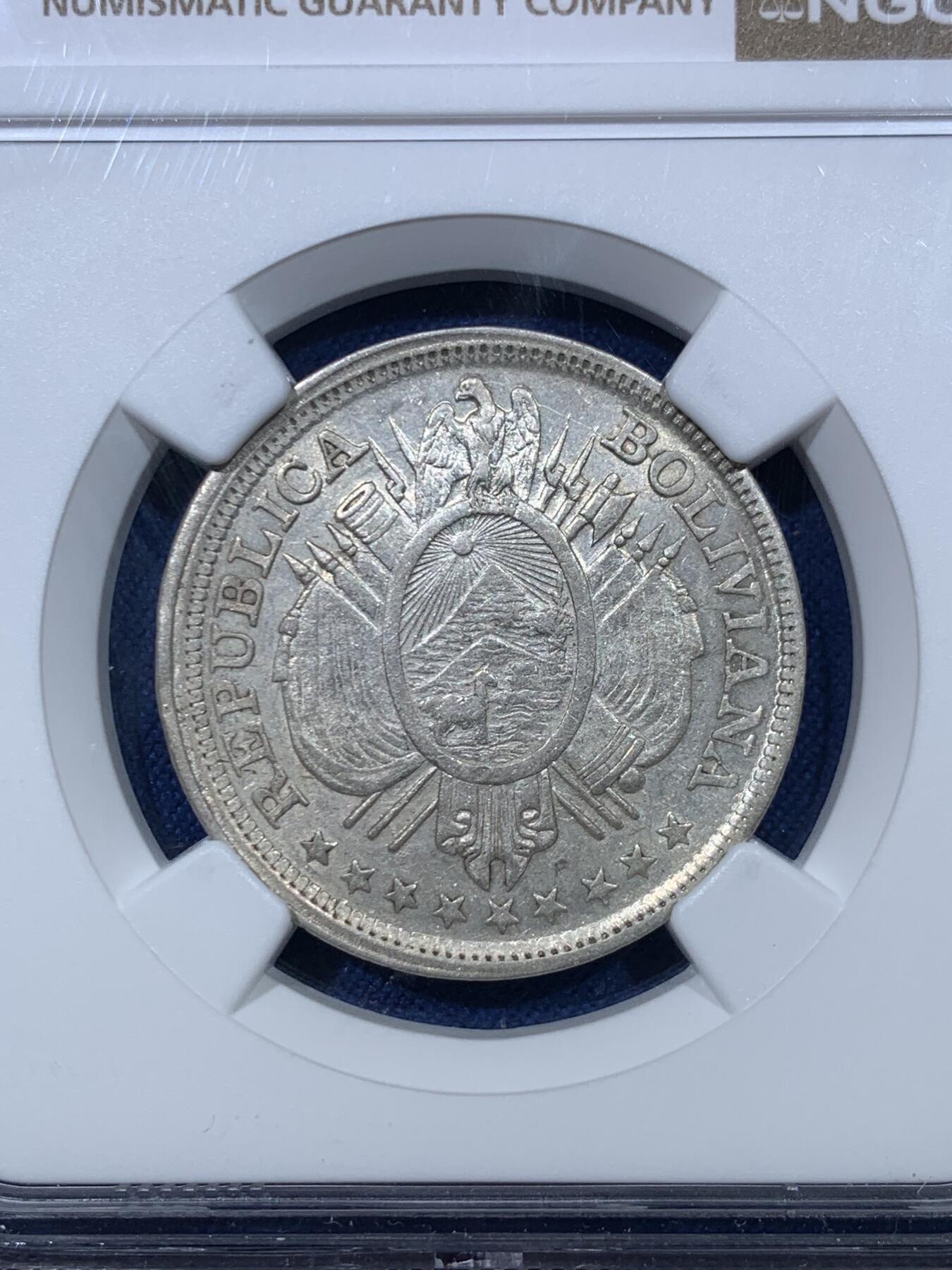 《竞宝斋》第476场 周日，周一 2场连拍 （全场包邮）欢迎送拍 NGC MS61 玻利维亚1894年PTS.CB 50分银币