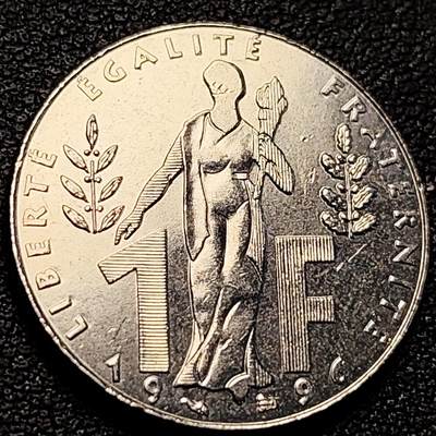 泉币菌-第218场-拍品多 请提前出价 - 法国 少见 原光极美 1996年1法郎流通纪念币 新法郎缔造者 雅克鲁埃夫诞辰100周年 24mm