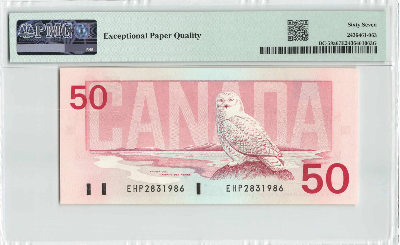 小福收藏拍卖第204期 评级币精选场 本期有 荷兰经典AA冠拿杯子的蛇 叙利亚世遗帕尔米拉古城豹子号冠军分 法国红衣主教冠军分 意大利经典达芬奇   白俄罗斯 "Millennium" 纪念版AA冠全同千位号全套  南斯拉夫铁托未发行版 美国 墨西哥 越南 法属印度支那等多国精美高分珍稀老钞精品纸币 加拿大 1988年 50元 鸟版 a版 无47 尾年份号 PMG67 EPQ 季军分