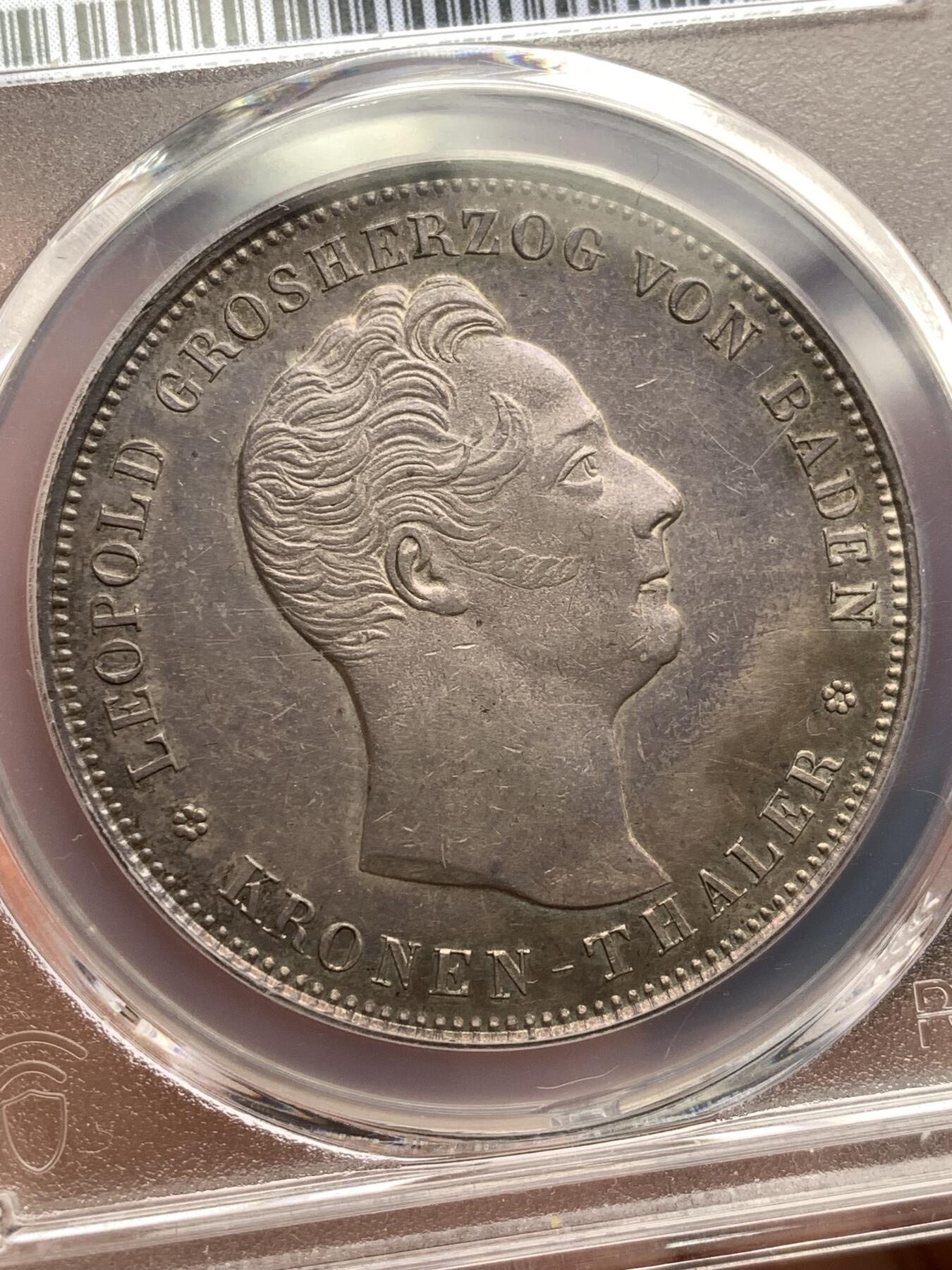 《竞宝斋》第476场 周日，周一 2场连拍 （全场包邮）欢迎送拍 PCGS AU58 巴登大公国 1836 克朗泰勒 29.5g 大型银币 纪念德意志关税同盟发行 小名誉品 巧克力包浆