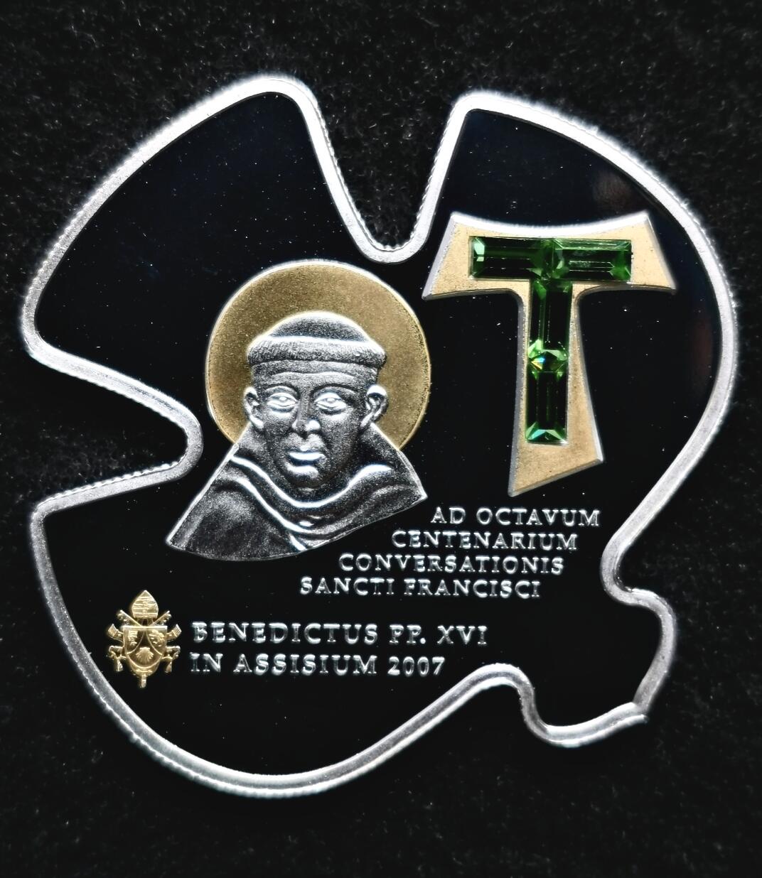 发行量少 库克群岛2007年 镀金镶嵌施华洛世奇绿水晶5元精制银币