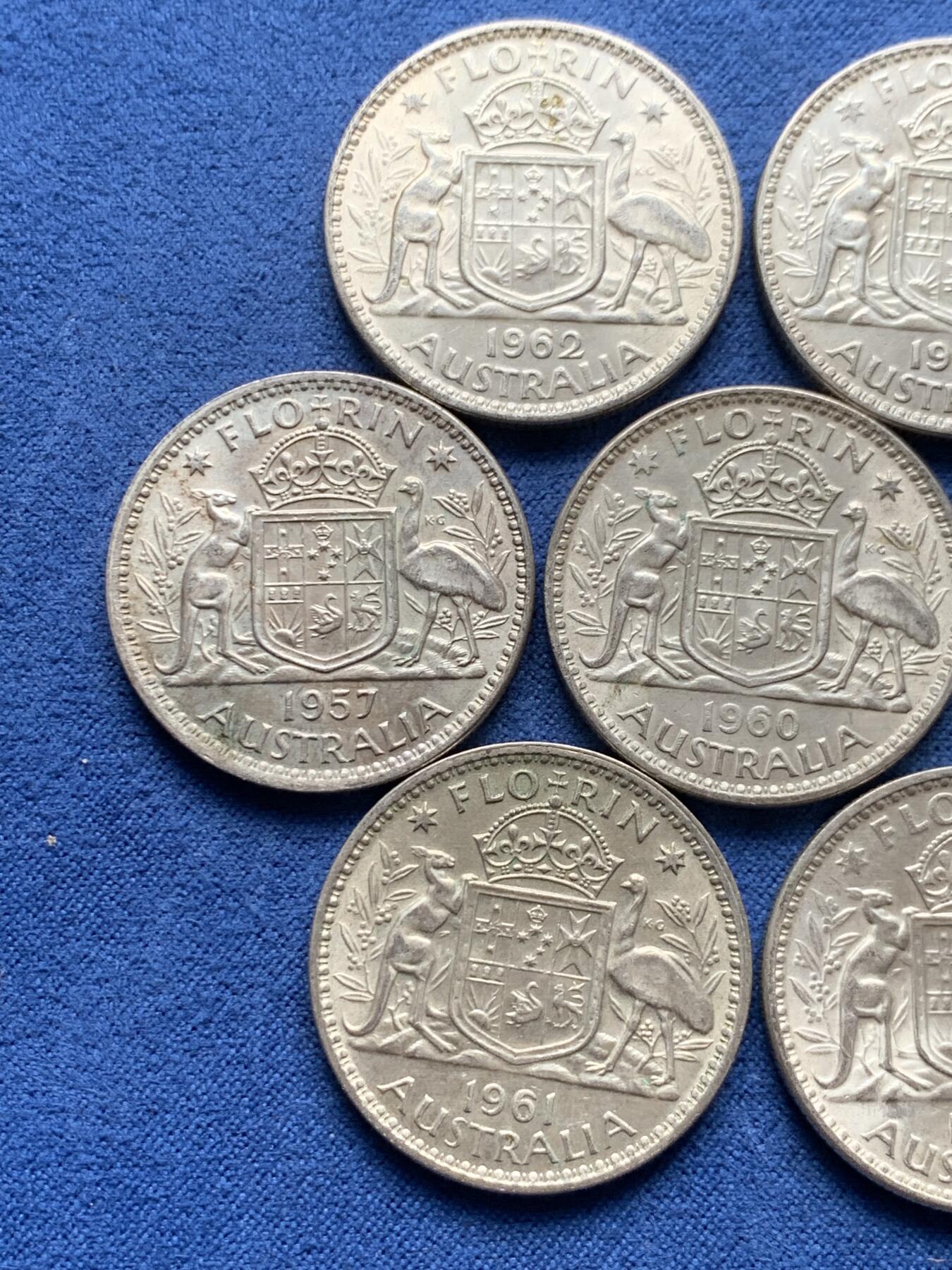 《竞宝斋》第476场 周日，周一 2场连拍 （全场包邮）欢迎送拍 七枚一组 澳大利亚1960年维多利亚二世1弗罗林银币 500银 总重约79.2克