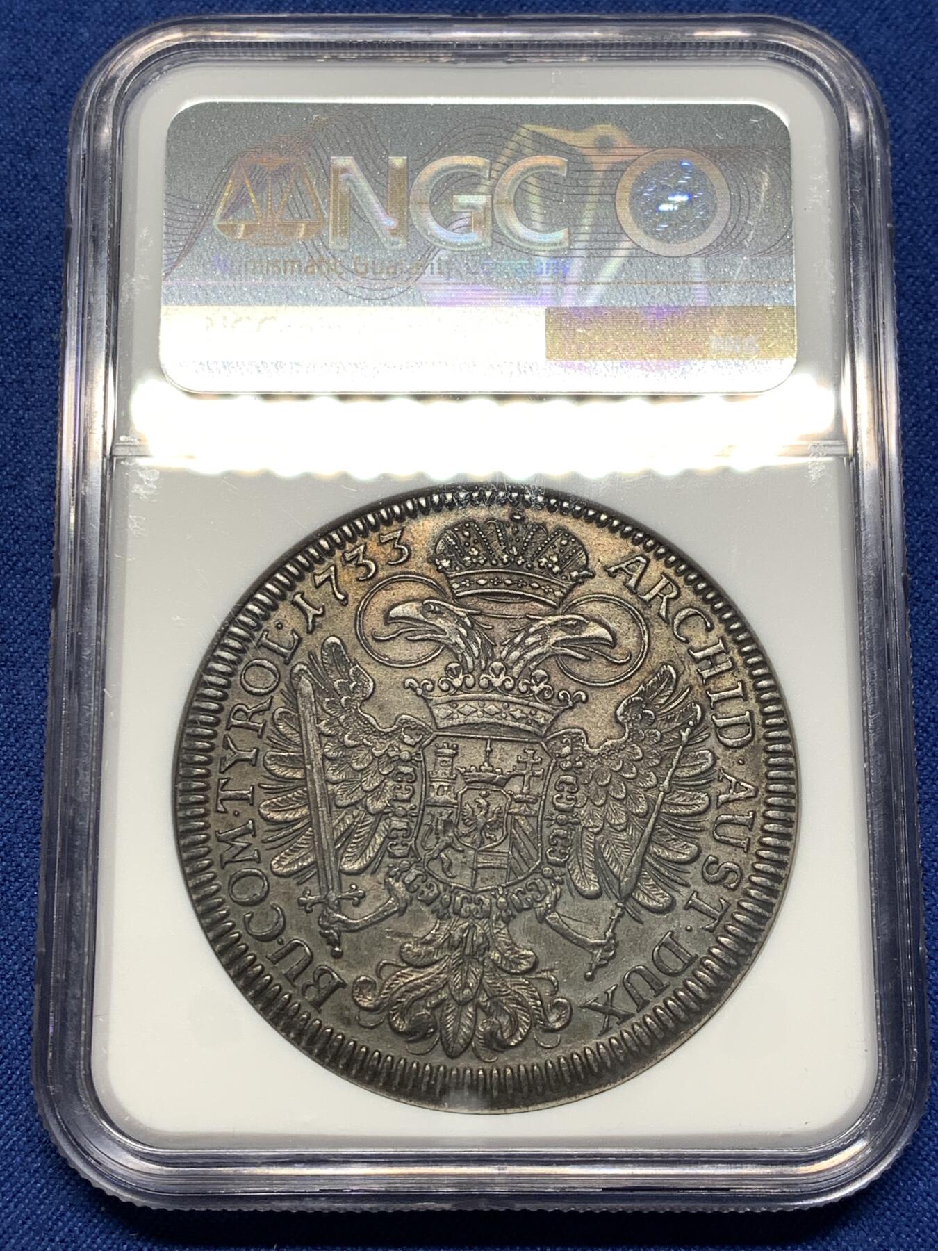 《竞宝斋》第476场 周日，周一 2场连拍 （全场包邮）欢迎送拍 NGC MS61 奥地利 1733年 查理六世 1泰勒银币 欧洲老五彩