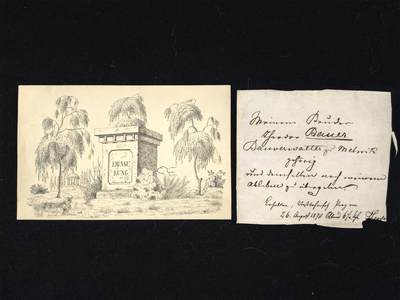 凯旋世界勋赏（第23期）（欢迎送拍）（对拍品有疑问请询问客服，不接受到手刀，出价默认拍品品相。请认真阅读拍卖规则！出价默认已认可！）（收到货请录制开箱视频，无视频概不处理问题。） - （以下几张手绘素描画都属于安东·鲍尔的舅舅/叔叔 亚历山大鲍尔，也是在遗嘱中这些画留给了安东·鲍尔的父亲）奥匈帝国 亚历山大·鲍尔 的画作以及遗嘱信件 图1左侧为 手绘的 亚历山大·鲍尔纪念碑，周围环绕着垂柳 图1右侧为遗嘱信件，解释了这些画作归属西奥多·鲍尔