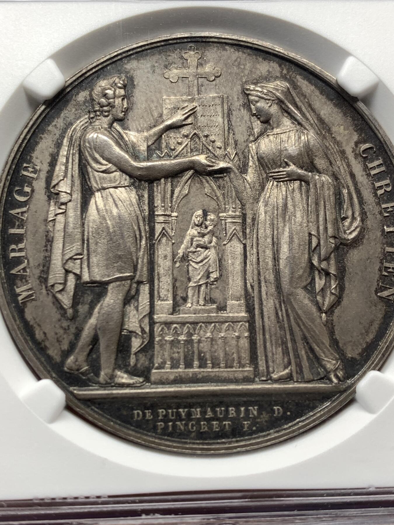 《竞宝斋》第476场 周日，周一 2场连拍 （全场包邮）欢迎送拍 NGC MS63 法国结婚纪念银章 不多见的品种 船首边铭