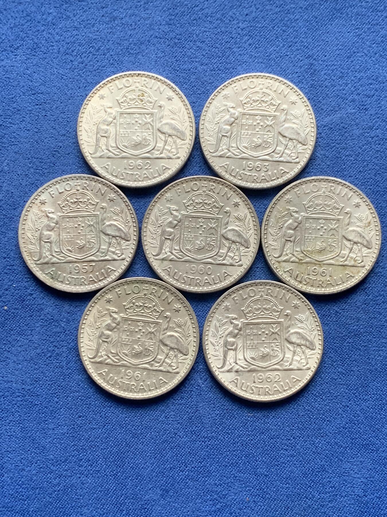 《竞宝斋》第476场 周日，周一 2场连拍 （全场包邮）欢迎送拍 七枚一组 澳大利亚1960年维多利亚二世1弗罗林银币 500银 总重约79.2克
