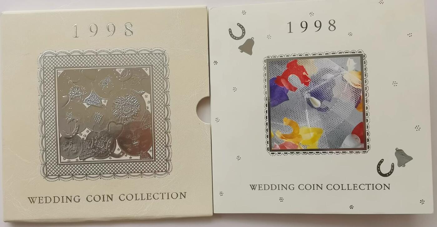 精品币专拍场 原装卡册-婚礼版 英国1998年硬币9枚套币 1便士-2镑纪念币 女王头
