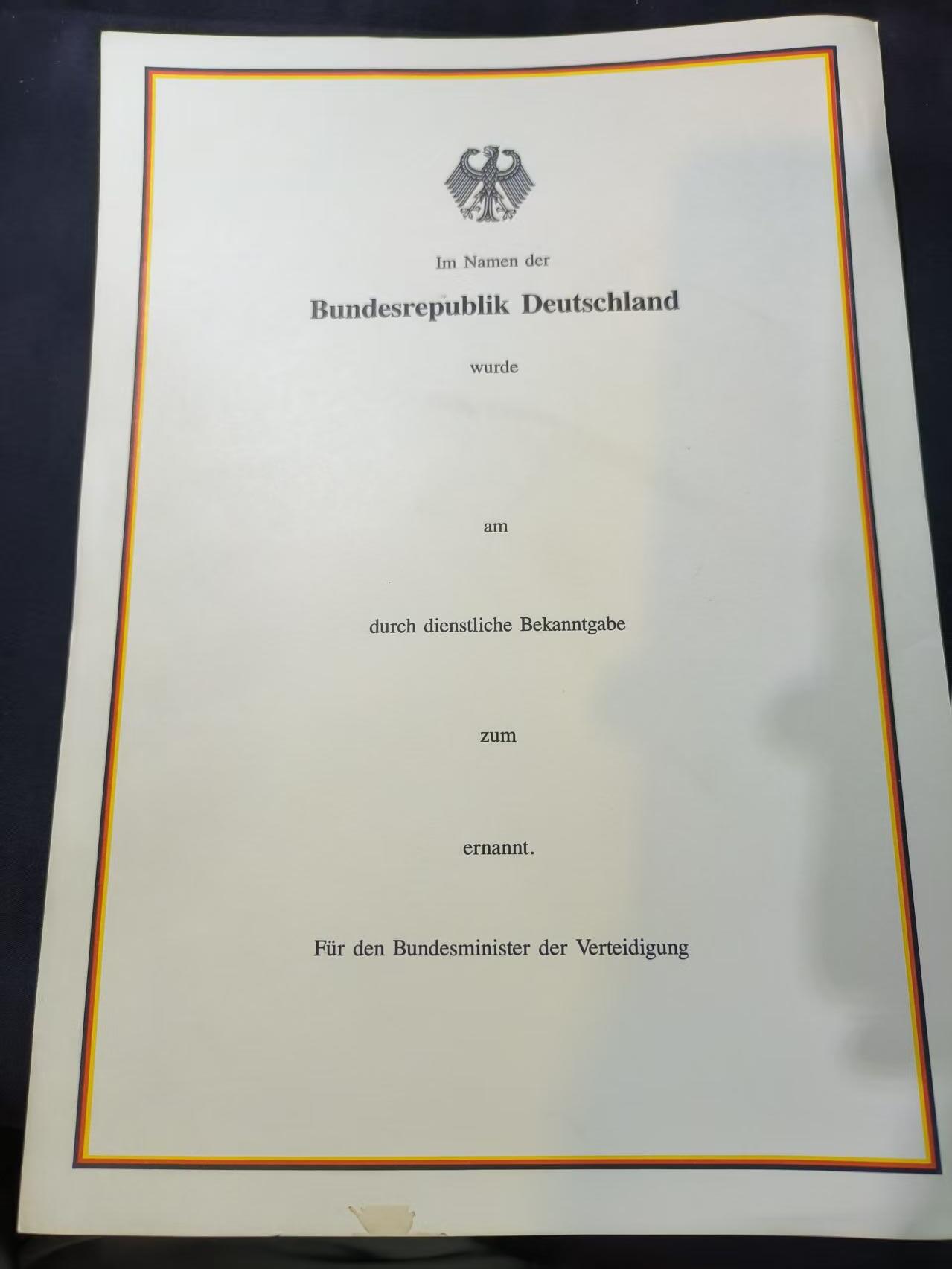 云宸嘉赏-勋臻文献佳藏优品精选场次（低佣 转发佣金红包） 联邦德国国防军军官任命证书 全新空白 