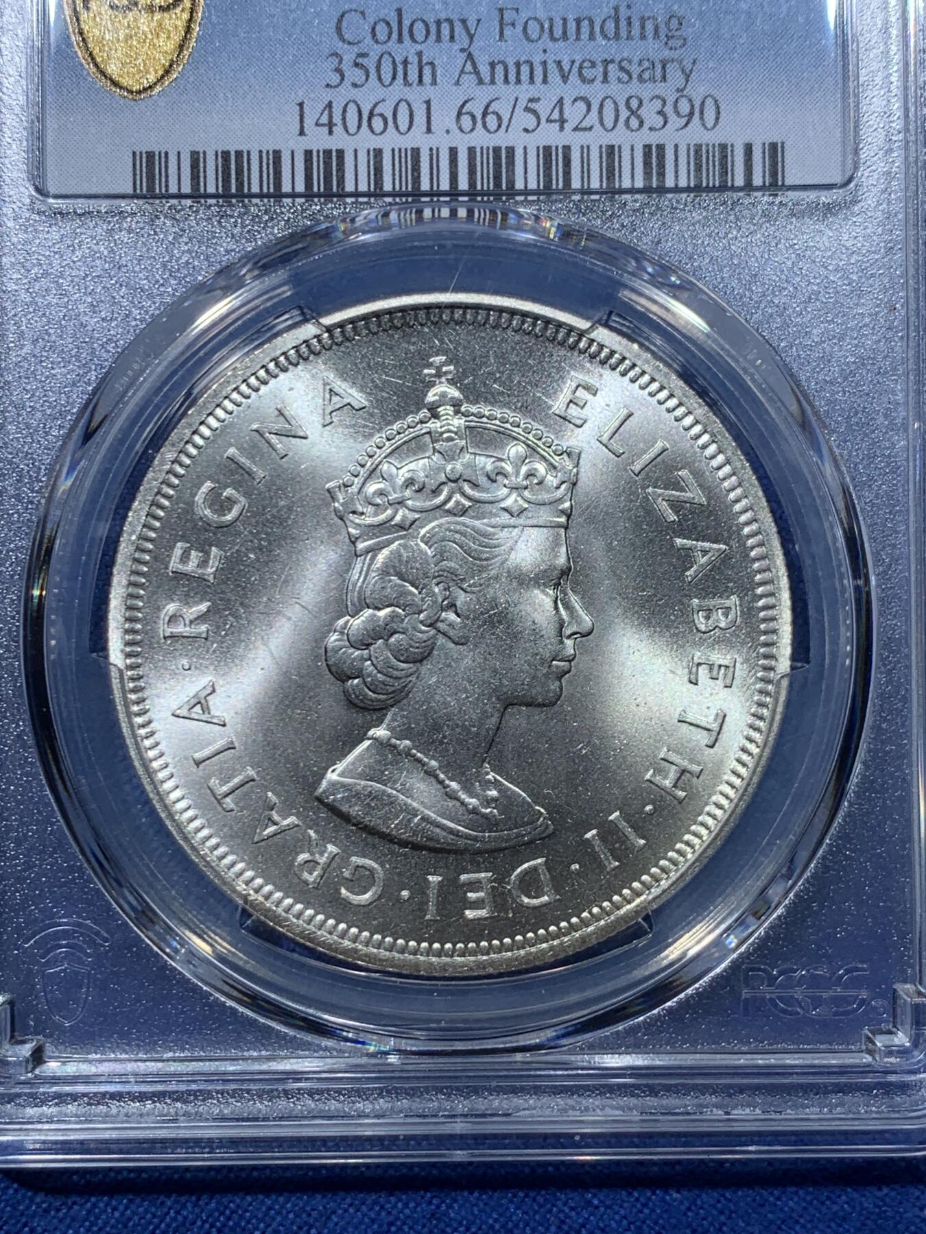 《竞宝斋》第476场 周日，周一 2场连拍 （全场包邮）欢迎送拍 PCGS MS66 英属百慕大群岛1959年伊丽莎白二世1克朗纪念银币，币面清爽干净又舒适，转光强烈细节优秀，状态极佳。