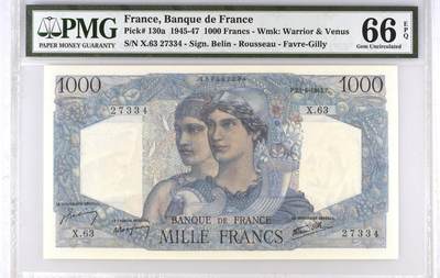 小福收藏拍卖第204期 评级币精选场 本期有 荷兰经典AA冠拿杯子的蛇 叙利亚世遗帕尔米拉古城豹子号冠军分 法国红衣主教冠军分 意大利经典达芬奇   白俄罗斯 "Millennium" 纪念版AA冠全同千位号全套  南斯拉夫铁托未发行版 美国 墨西哥 越南 法属印度支那等多国精美高分珍稀老钞精品纸币 - 法国 1945年 1000法郎 首年份 PMG66 EPQ 亚军分