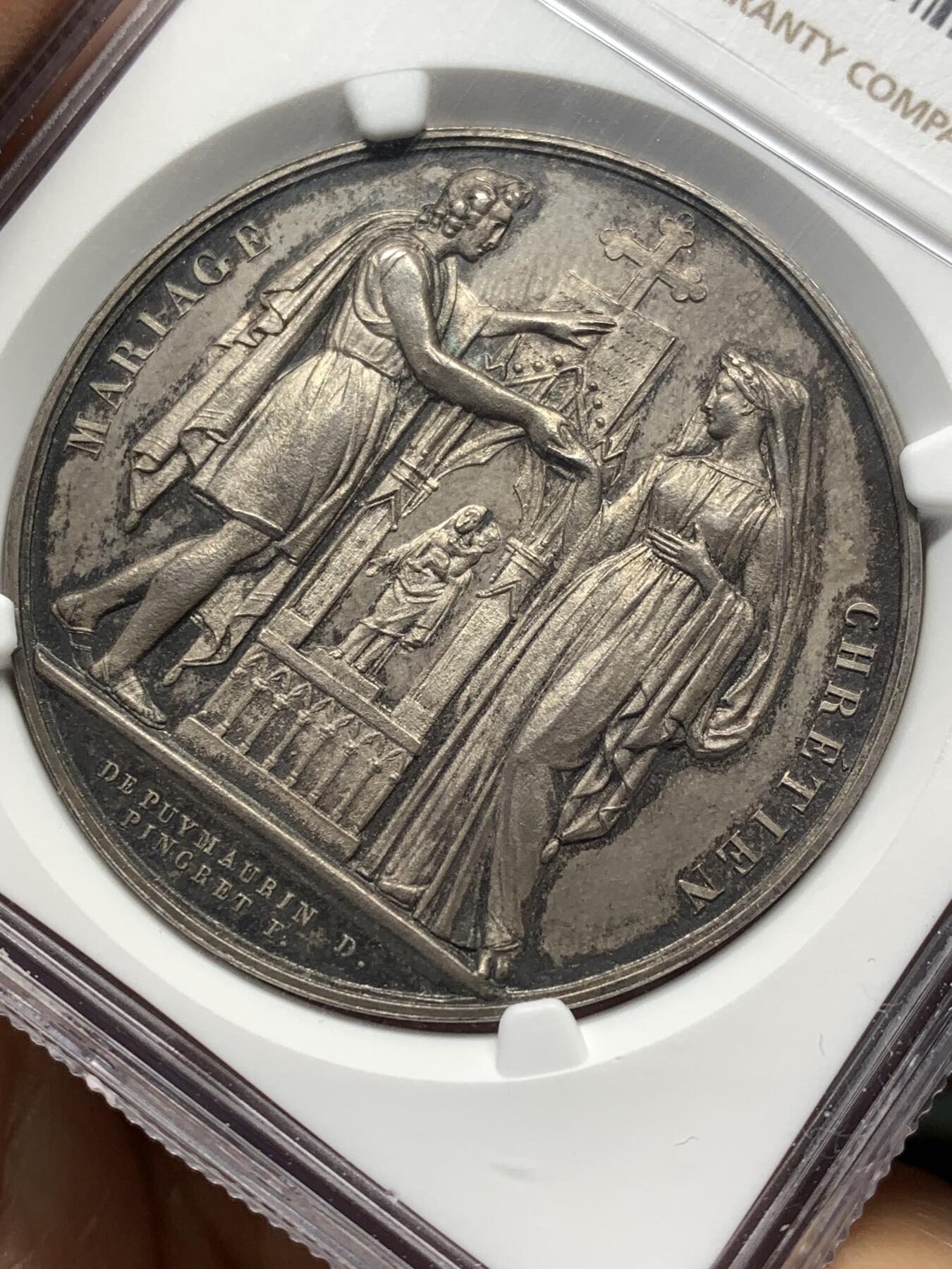 《竞宝斋》第476场 周日，周一 2场连拍 （全场包邮）欢迎送拍 NGC MS63 法国结婚纪念银章 不多见的品种 船首边铭