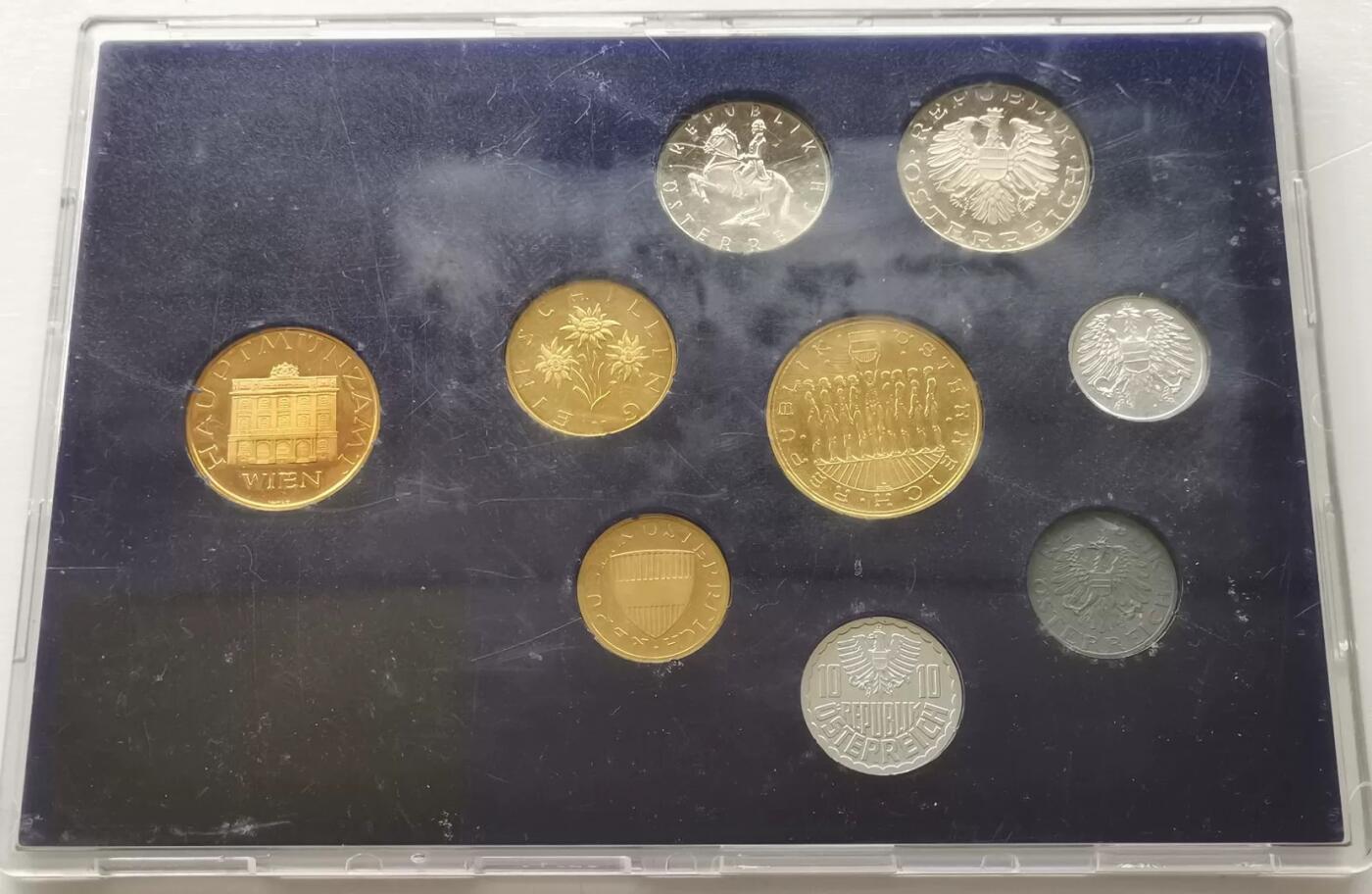 精品币专拍场 原装Proof 奥地利1981年清年份精制硬币8枚套币2格罗申-20先令+章