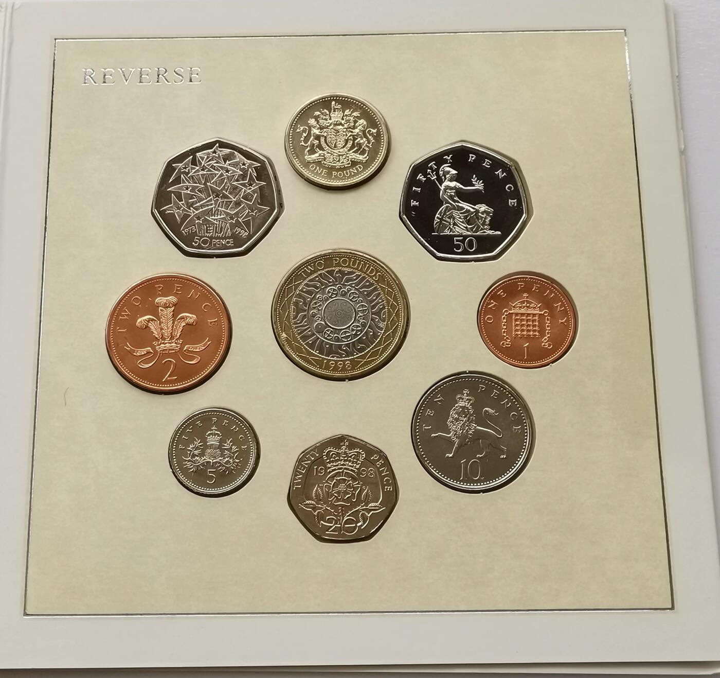 精品币专拍场 原装卡册-婚礼版 英国1998年硬币9枚套币 1便士-2镑纪念币 女王头