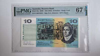 听雨轩（八十） - 澳大利亚10澳元  pmg67  无47  正面：澳大利亚建筑师弗朗西斯·格林威，背面：澳大利亚作家、诗人亨利·劳森。1985