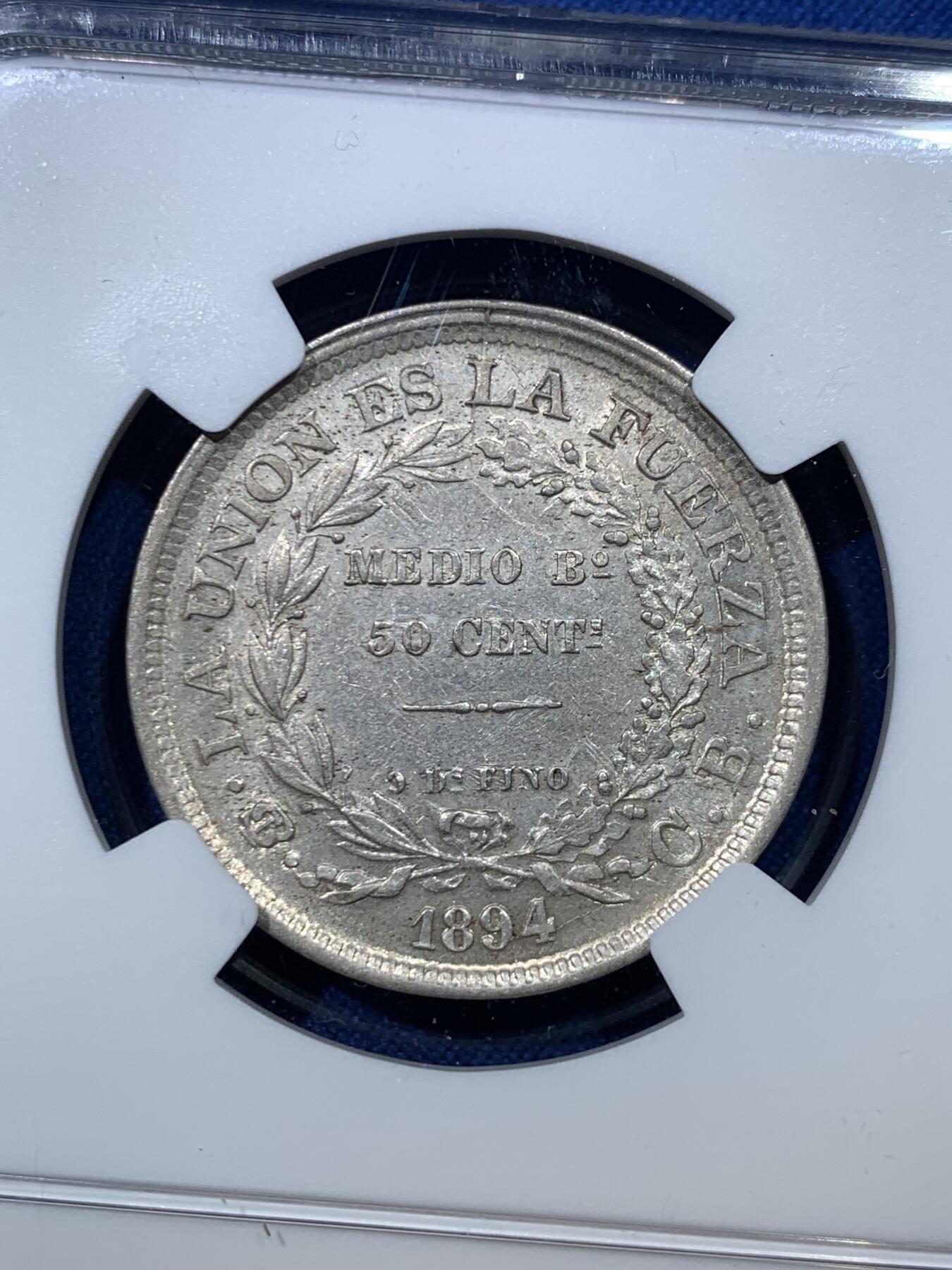 《竞宝斋》第476场 周日，周一 2场连拍 （全场包邮）欢迎送拍 NGC MS61 玻利维亚1894年PTS.CB 50分银币