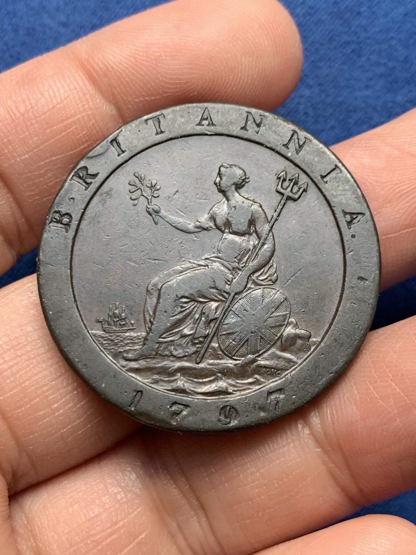 《竞宝斋》第476场 周日，周一 2场连拍 （全场包邮）欢迎送拍 英国1797年乔治三世车轮1便士铜币