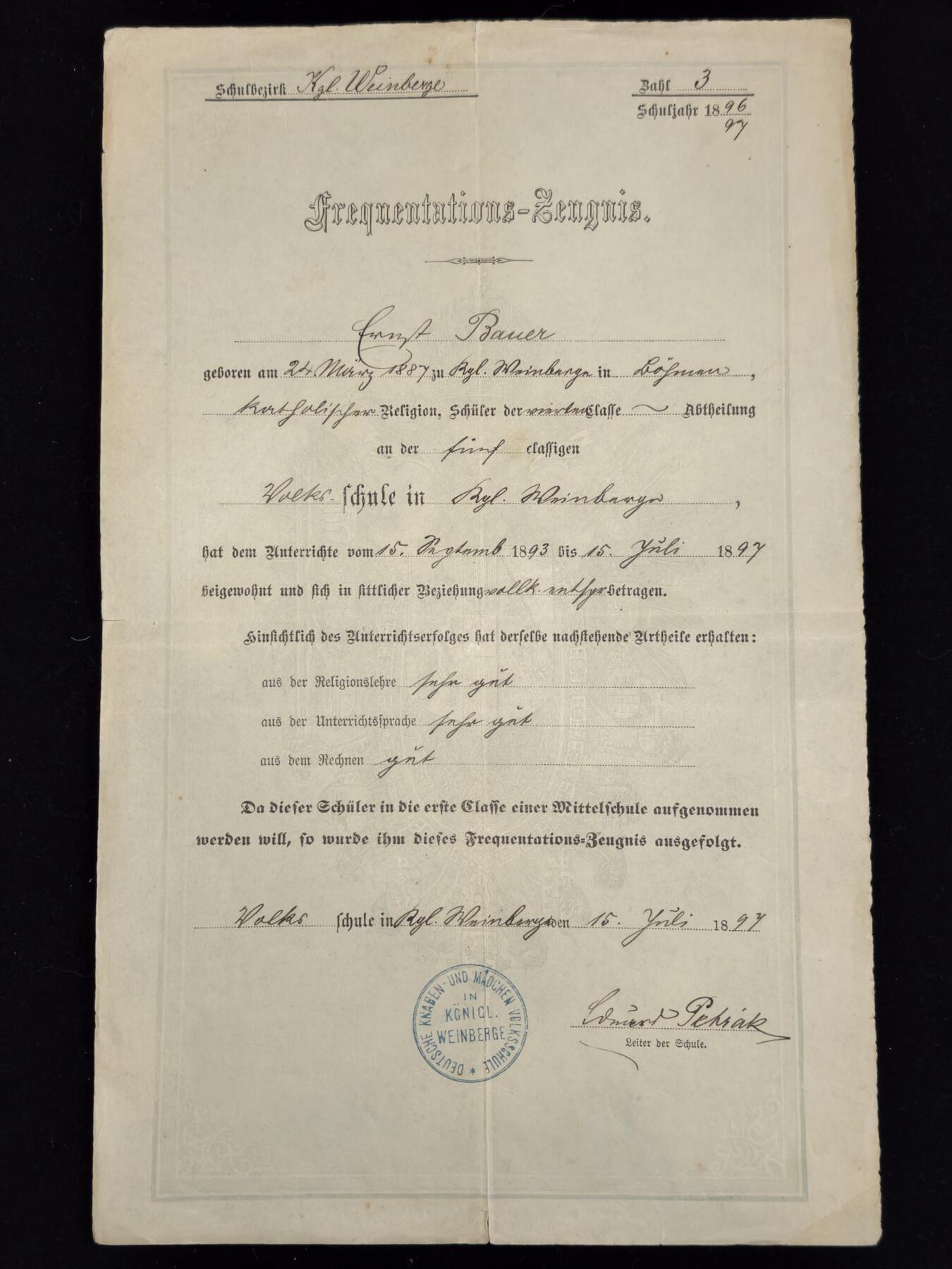 凯旋世界勋赏（第23期）（欢迎送拍）（对拍品有疑问请询问客服，不接受到手刀，出价默认拍品品相。请认真阅读拍卖规则！出价默认已认可！）（收到货请录制开箱视频，无视频概不处理问题。） 奥匈帝国 1897年 安东·鲍尔之子，恩斯特·鲍尔的小学就读证明（成绩单）校长亲笔签名签发