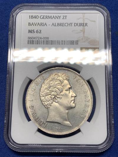 《竞宝斋》第476场 周日，周一 2场连拍 （全场包邮）欢迎送拍 - NGC MS62 德意志巴伐利亚王国1840年2泰勒 37克的大银币 正面路德维希一世侧像 背面阿尔布雷希特·丢勒雕像 历史泰勒中的少见品种 季军分