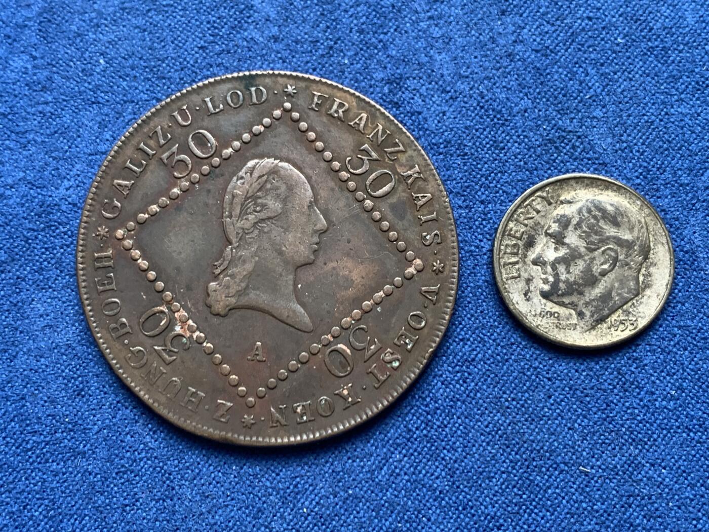 《竞宝斋》第476场 周日，周一 2场连拍 （全场包邮）欢迎送拍 两枚一组 奥地利1807年弗朗茨一世30克鲁泽铜币 仅铸一年 + 美国1953年罗斯福10美分银币