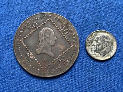 《竞宝斋》第476场 周日，周一 2场连拍 （全场包邮）欢迎送拍 - 两枚一组 奥地利1807年弗朗茨一世30克鲁泽铜币 仅铸一年 + 美国1953年罗斯福10美分银币