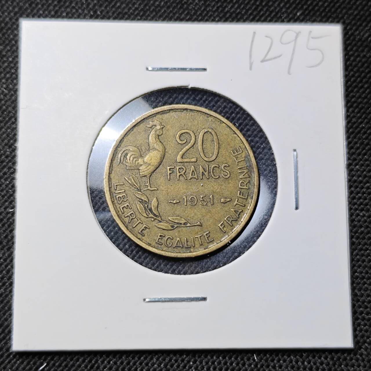KK钱币收藏小铺  第412期 2月预留时间 周末发货 1951法国20法郎 