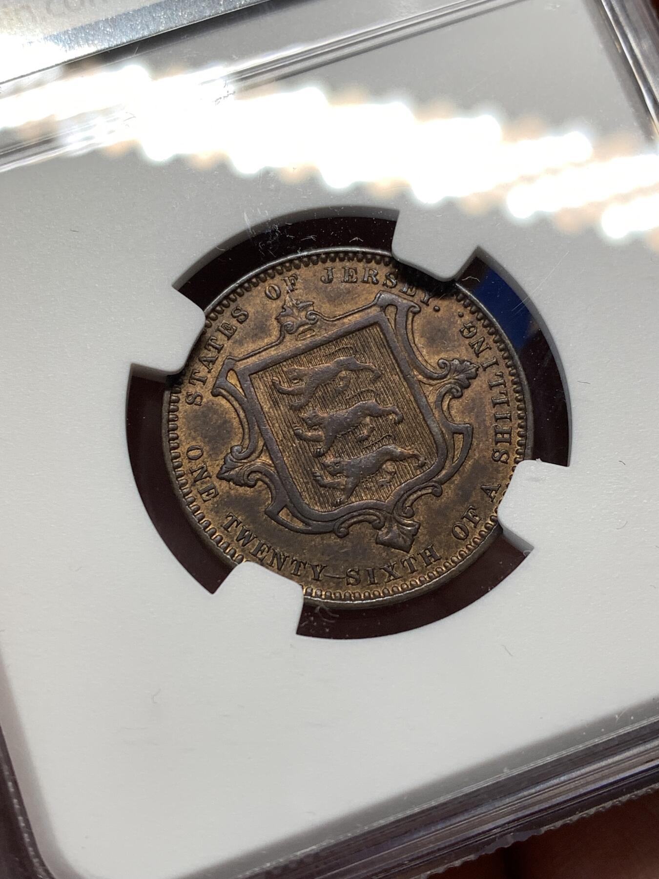 《竞宝斋》第476场 周日，周一 2场连拍 （全场包邮）欢迎送拍 NGC AU58BN 英属泽西岛1866年1/26先令铜币