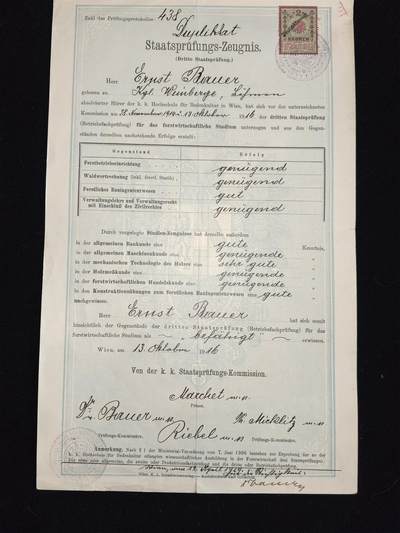 凯旋世界勋赏（第23期）（欢迎送拍）（对拍品有疑问请询问客服，不接受到手刀，出价默认拍品品相。请认真阅读拍卖规则！出价默认已认可！）（收到货请录制开箱视频，无视频概不处理问题。） - 奥匈帝国 1916年 国家考试证书 恩斯特·鲍尔 完成的第三次/最后一次林业专业国家考试，并顺利通过，主席和考试委员签发