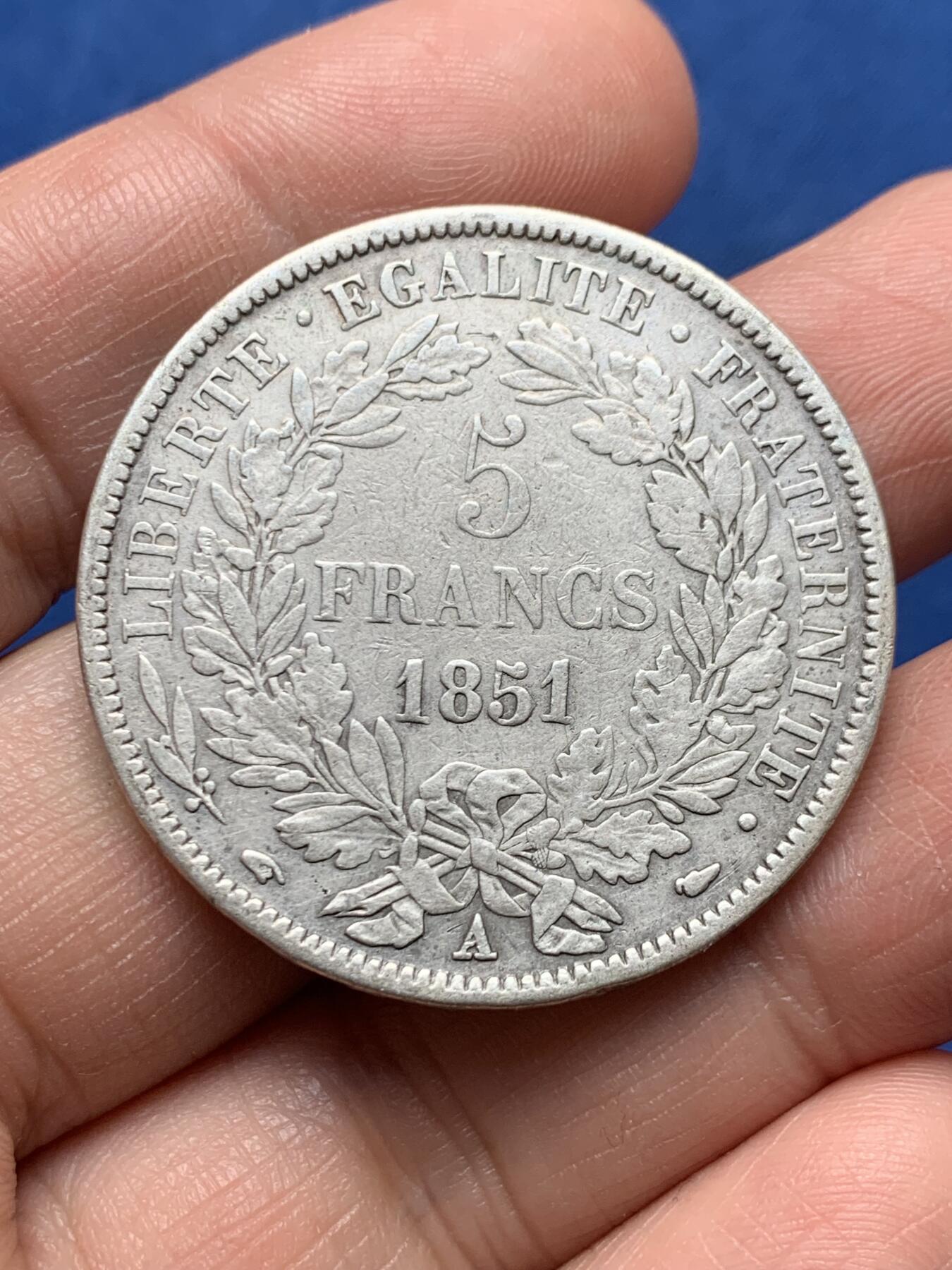 《竞宝斋》第476场 周日，周一 2场连拍 （全场包邮）欢迎送拍 法国1851年谷物女神5法郎大银币 A厂铭