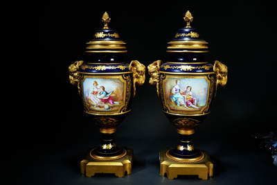 上海都达杂项专场103【全场包邮】  清代法国塞弗尔风格铜鎏金瓷瓶 1对