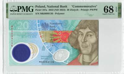 小福收藏拍卖第204期 评级币精选场 本期有 荷兰经典AA冠拿杯子的蛇 叙利亚世遗帕尔米拉古城豹子号冠军分 法国红衣主教冠军分 意大利经典达芬奇   白俄罗斯 "Millennium" 纪念版AA冠全同千位号全套  南斯拉夫铁托未发行版 美国 墨西哥 越南 法属印度支那等多国精美高分珍稀老钞精品纸币 - 波兰 2023年 20兹罗提 塑料纪念钞 无47 PMG68 EPQ 季军分