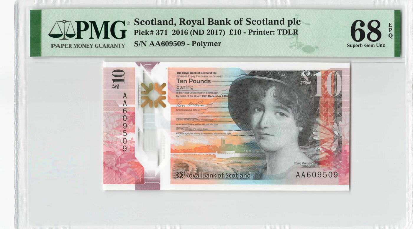 小福收藏拍卖第204期 评级币精选场 本期有 荷兰经典AA冠拿杯子的蛇 叙利亚世遗帕尔米拉古城豹子号冠军分 法国红衣主教冠军分 意大利经典达芬奇   白俄罗斯 "Millennium" 纪念版AA冠全同千位号全套  南斯拉夫铁托未发行版 美国 墨西哥 越南 法属印度支那等多国精美高分珍稀老钞精品纸币 苏格兰皇家银行 2017年 10镑 塑料钞 AA冠 无47 PMG68 EPQ 季军分