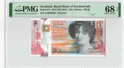 小福收藏拍卖第204期 评级币精选场 本期有 荷兰经典AA冠拿杯子的蛇 叙利亚世遗帕尔米拉古城豹子号冠军分 法国红衣主教冠军分 意大利经典达芬奇   白俄罗斯 "Millennium" 纪念版AA冠全同千位号全套  南斯拉夫铁托未发行版 美国 墨西哥 越南 法属印度支那等多国精美高分珍稀老钞精品纸币 - 苏格兰皇家银行 2017年 10镑 塑料钞 AA冠 无47 PMG68 EPQ 季军分