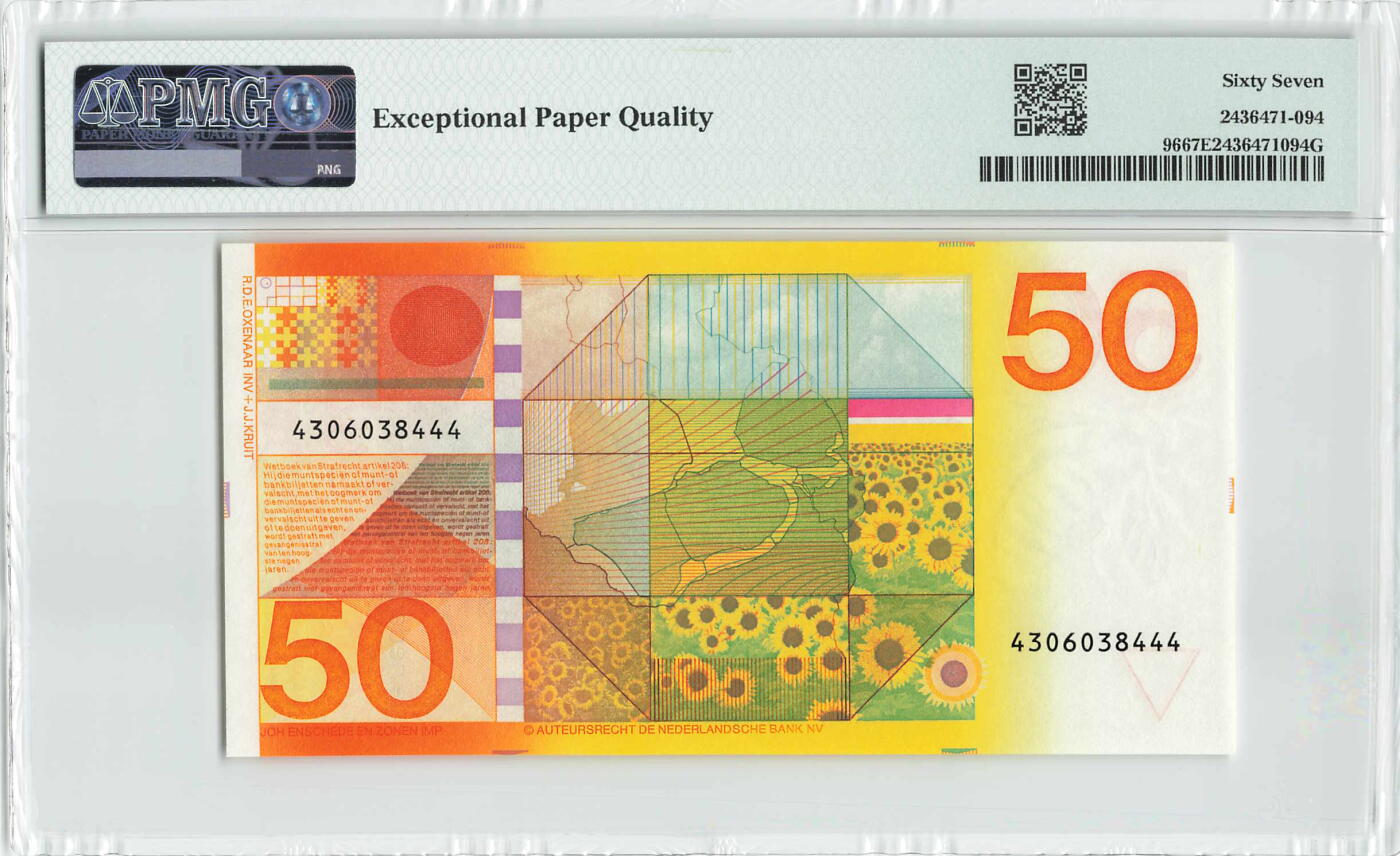 小福收藏拍卖第204期 评级币精选场 本期有 荷兰经典AA冠拿杯子的蛇 叙利亚世遗帕尔米拉古城豹子号冠军分 法国红衣主教冠军分 意大利经典达芬奇   白俄罗斯 "Millennium" 纪念版AA冠全同千位号全套  南斯拉夫铁托未发行版 美国 墨西哥 越南 法属印度支那等多国精美高分珍稀老钞精品纸币 荷兰 1982年 50盾 向日葵 豹子号444 PMG67 EPQ