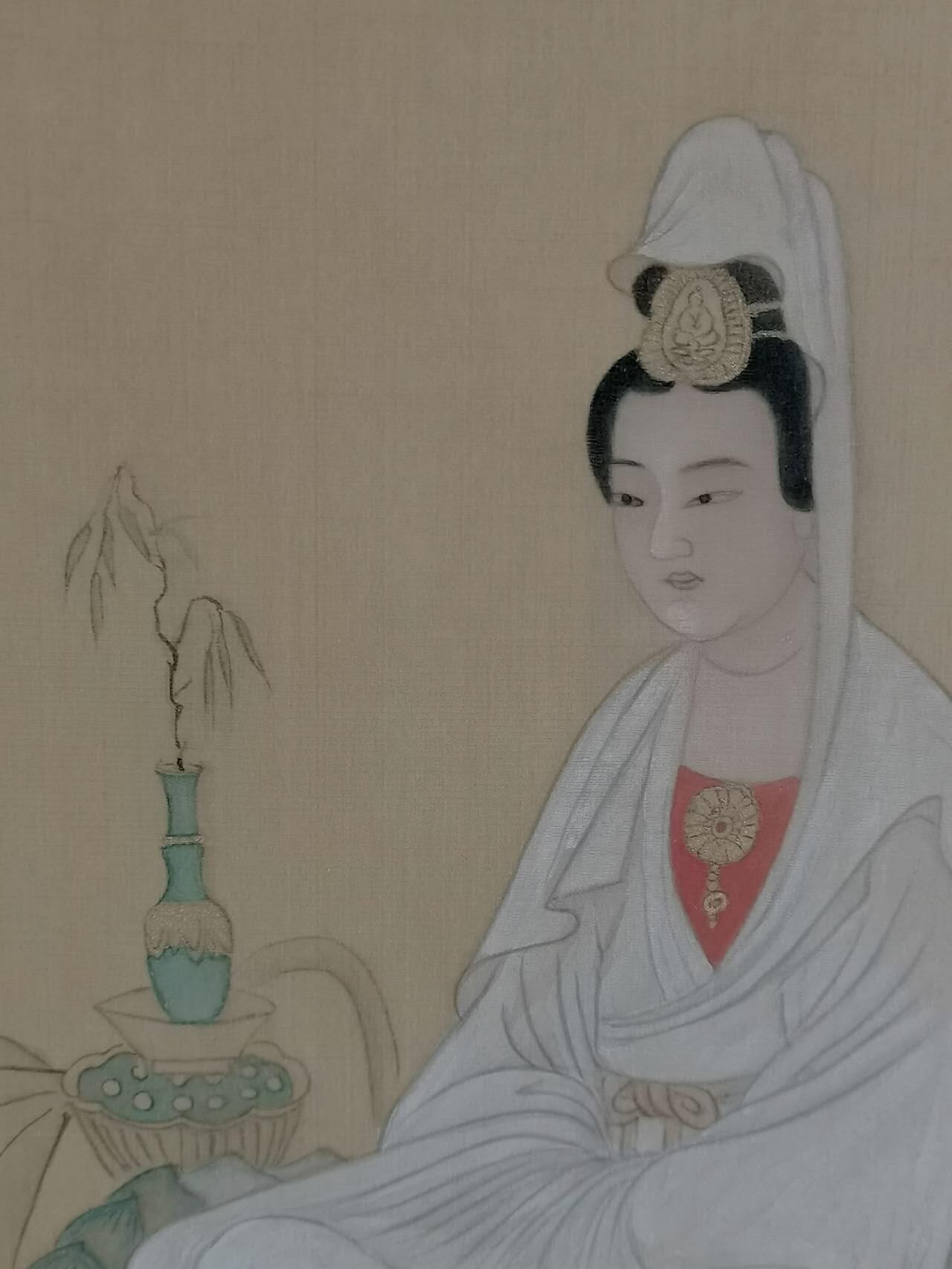 绢本手工《白衣大士静修图》工笔古法 香堂静谧观音 