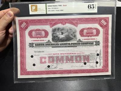 《外钞收藏家》第六百二十二期（精品场）（长期征集拍品、欢迎藏友们联系合作） - 1943年美国雕刻版股票100面额 TQG评级65/32893