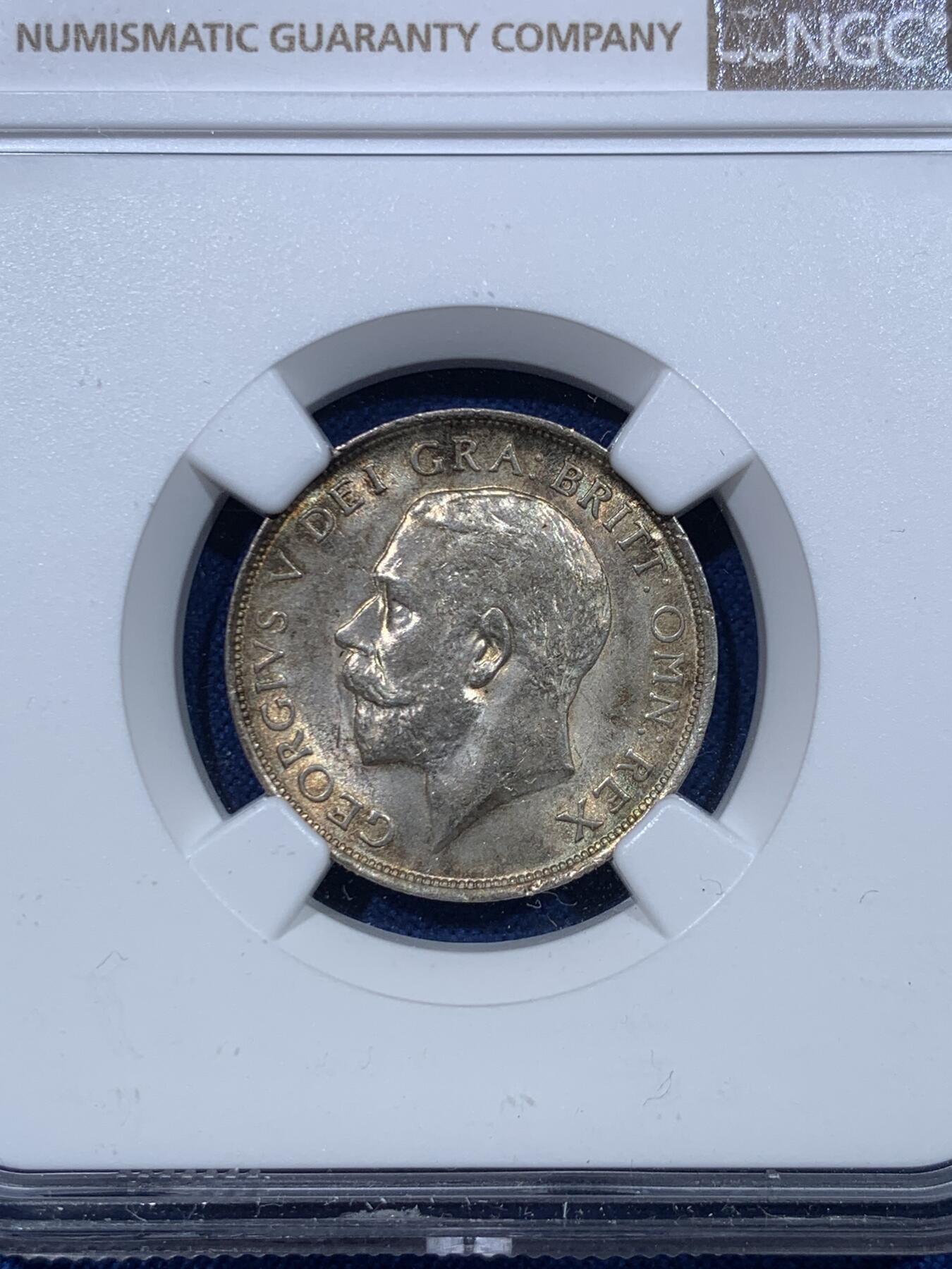 《竞宝斋》第476场 周日，周一 2场连拍 （全场包邮）欢迎送拍 NGC MS63 英国1919年乔治五世走狮1先令银币，高银版本，光度包浆一流，这个品相的1先令非常少见