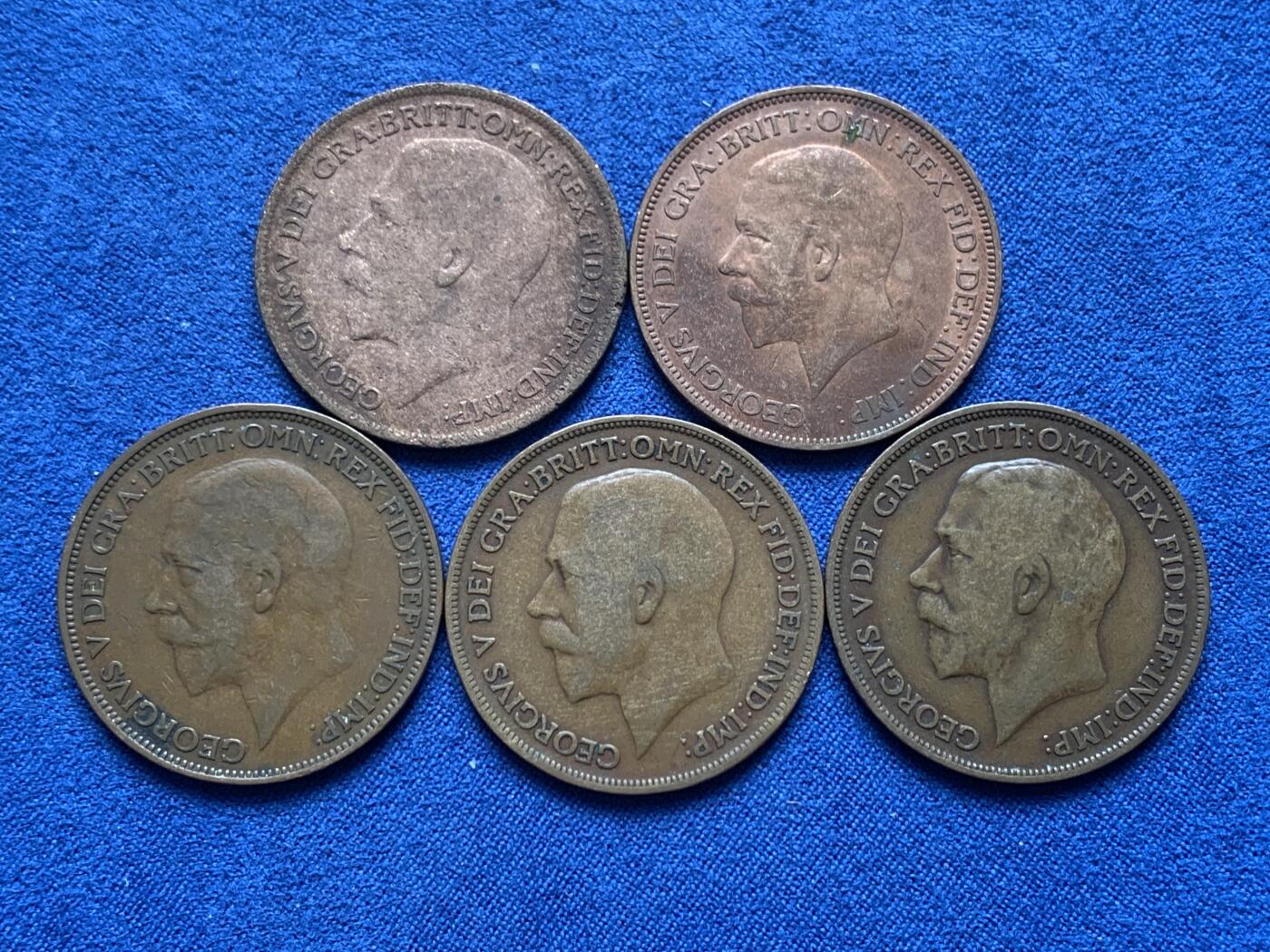 《竞宝斋》第476场 周日，周一 2场连拍 （全场包邮）欢迎送拍 五枚一组 英国 1913-1936年 乔五便士，乔五统治时期的完整见证品