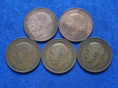 《竞宝斋》第476场 周日，周一 2场连拍 （全场包邮）欢迎送拍 - 五枚一组 英国 1913-1936年 乔五便士，乔五统治时期的完整见证品