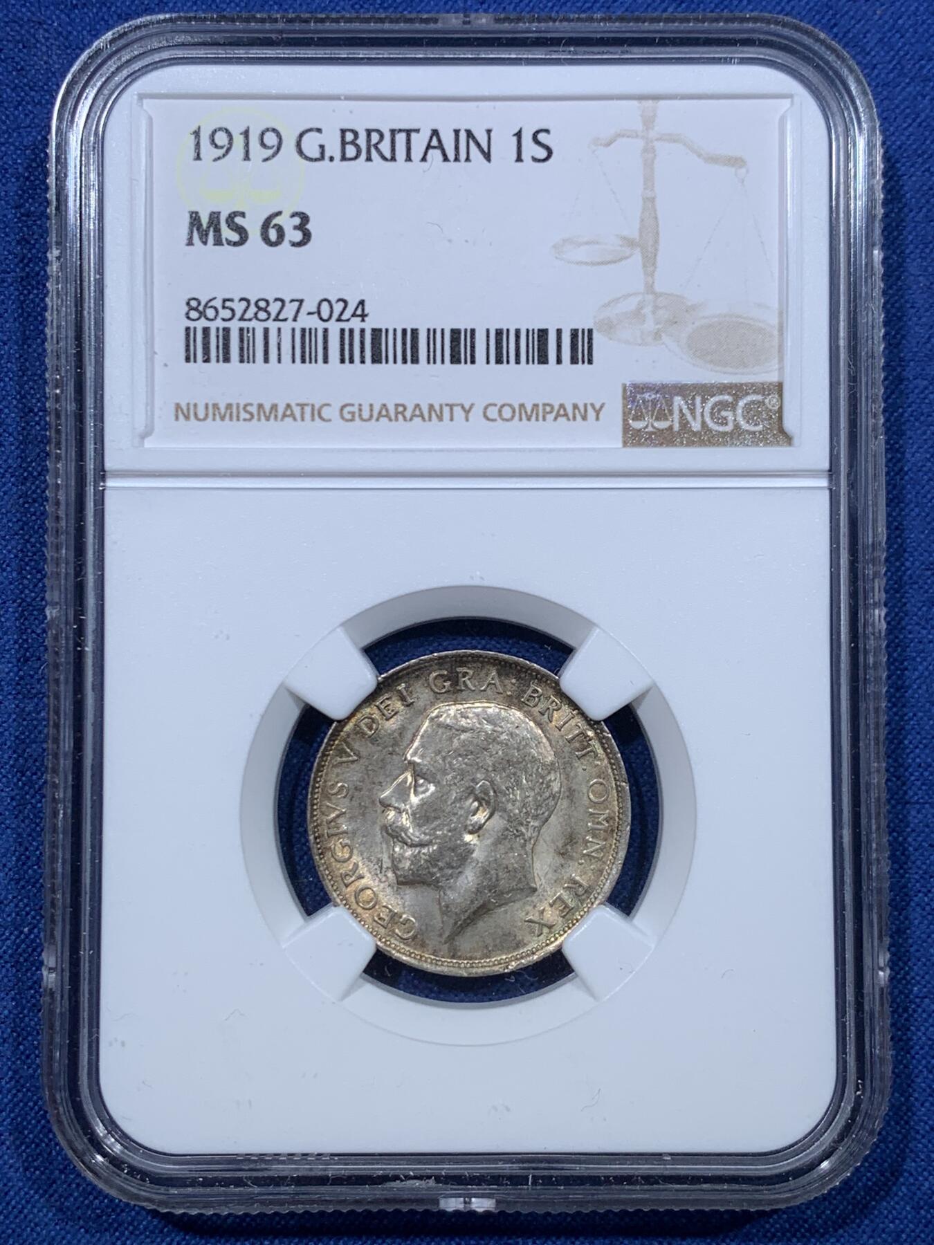 《竞宝斋》第476场 周日，周一 2场连拍 （全场包邮）欢迎送拍 NGC MS63 英国1919年乔治五世走狮1先令银币，高银版本，光度包浆一流，这个品相的1先令非常少见