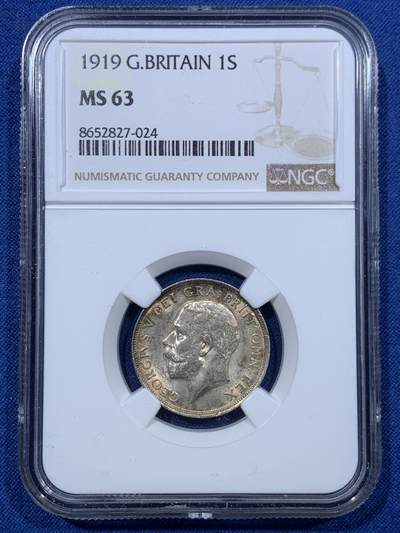 《竞宝斋》第476场 周日，周一 2场连拍 （全场包邮）欢迎送拍 - NGC MS63 英国1919年乔治五世走狮1先令银币，高银版本，光度包浆一流，这个品相的1先令非常少见