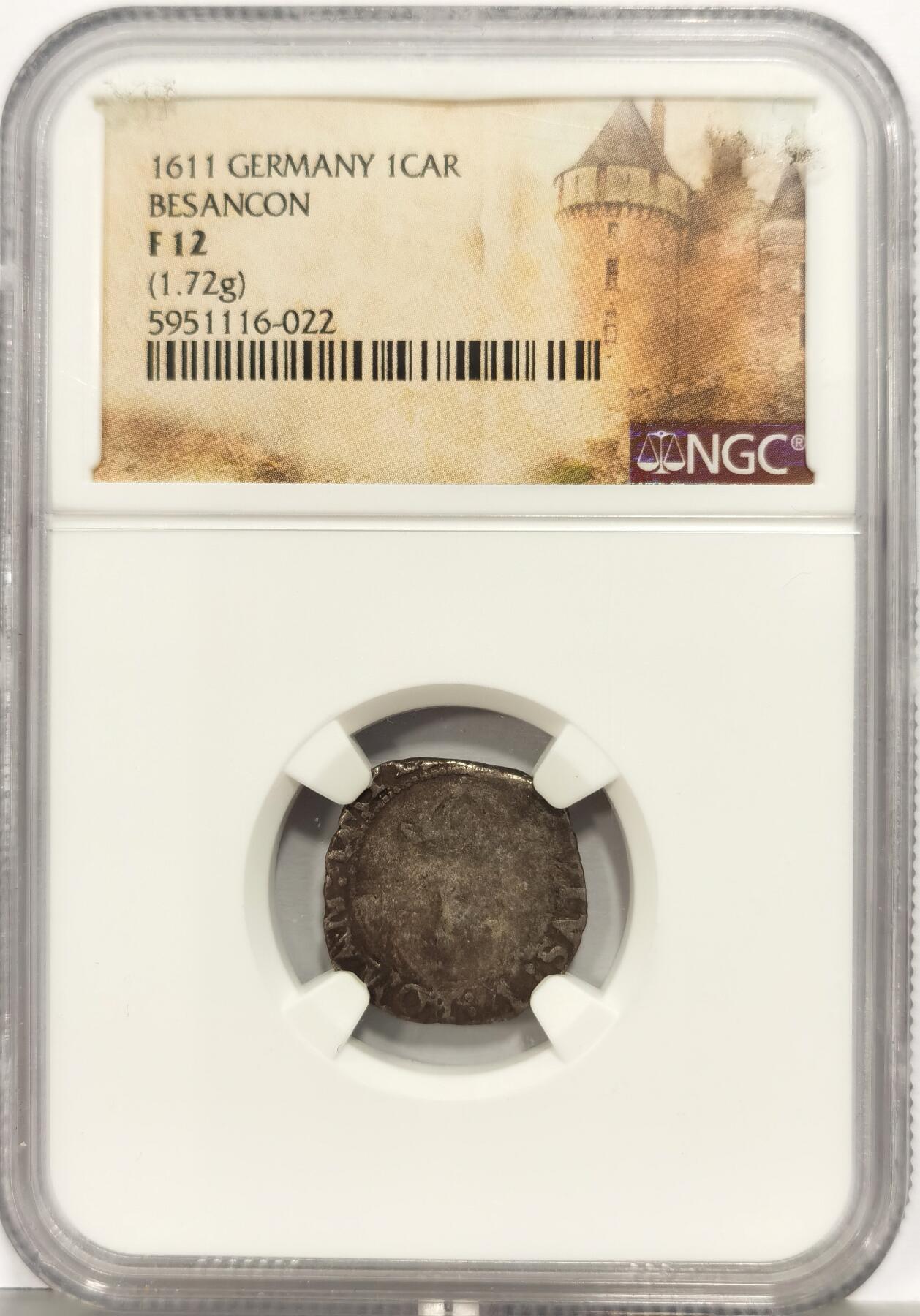 博洋堂世界钱币拍卖第167期（全场包邮） NGC F12 德国贝桑松市（Besançon）1611年1卡鲁瓦银币，正面是查理五世半身像，稀见品种